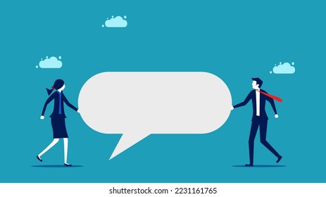 Businessman holding speech bubble as symbol of business cooperation and communication