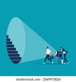 Businessman holding spotlight uncovering hidden stairs for partner walking forward businessman vector illustration, Uncovering business strategy and career concept