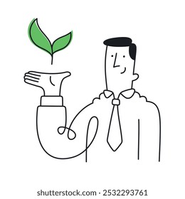 Businessman holding a sprouting leaf. Symbol of growth and sustainability in business. Green initiative concept. Doodle illustration - editable stroke.