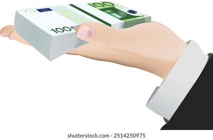 Businessman is holding a stack of euro banknotes in his hand