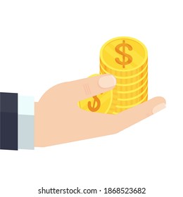 Businessman is holding a stack of gold coins. Financial success. Wealth, income and good luck. Bank and Finance. Flat vector cartoon illustration.