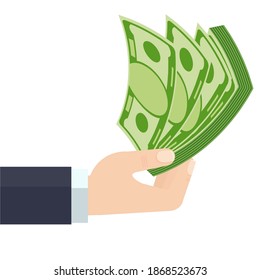 Businessman holding a stack of paper banknotes. Financial success. Wealth, income and good luck. Bank and Finance. Flat vector cartoon illustration.
