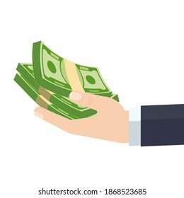 Businessman holding a stack of paper banknotes. Financial success. Wealth, income and good luck. Bank and Finance. Flat vector cartoon illustration.