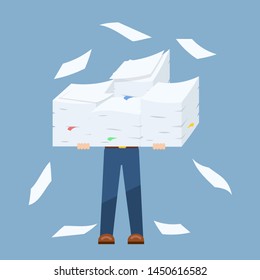 Businessman holding stack of paper documents, concept of hard work, stock vector illustration