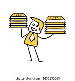 businessman holding stack of paper icon in yellow stick figure theme