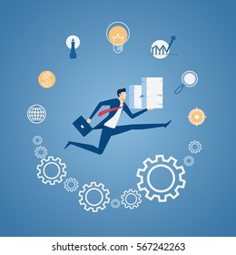 Businessman holding stack of paper running on business time with icons concept. Time pressure, stress, overworked and deadline concept. Cartoon Vector Illustration.
