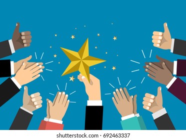 Businessman holding up a star. Business success, achieving the goal concept.  Business teamwork concept. Vector illustration. Flat style design