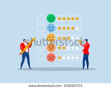 Businessman holding star  and checking to put on best rating 5 stars rating review high quality and good feedback or credit score, evaluation rank concept vector illustrator.