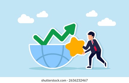 Businessman holding a star next to half a globe with a line chart illustration of the importance of good quality in increasing sales and market attention