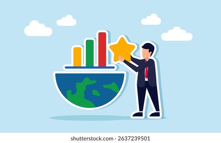 Businessman holding star next to half a globe and chart illustration of progress increase in international global business quality standards