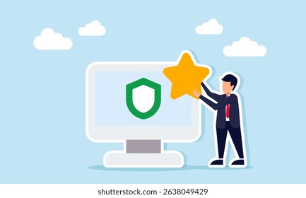 Businessman holding a star next to a monitor displaying a shield illustration of a reliable business application program with good quality