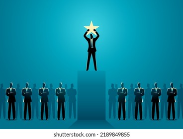 Businessman holding up a star on stage, leadership, top performer concept - Shutterstock ID 2189849855