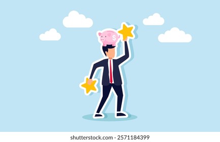 A businessman holding a star with a piggy bank above his head, illustration of the importance of improving product quality to increase business investment