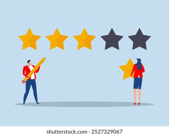 Businessman holding star  to put on best rating 5 stars rating review high quality and good feedback or credit score, evaluation rank concept vector illustrator.