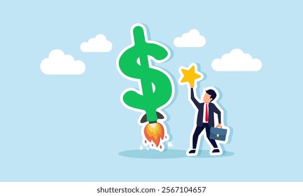 A businessman holding a star stands beside a dollar sign launching like a rocket, illustration of using product or service quality to exponentially boost business profit and revenue