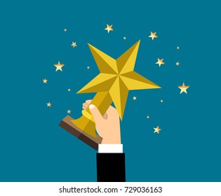 Businessman holding star trophy cup.  Vector illustration in flat style