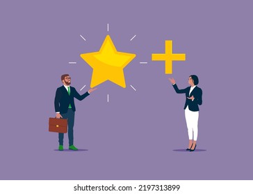 Businessman holding star value and another added plus sign to it. Value added or price of product to make profit, development for more benefit.