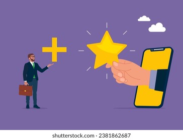 Businessman holding star value and another added plus sign to it. Flat vector illustration