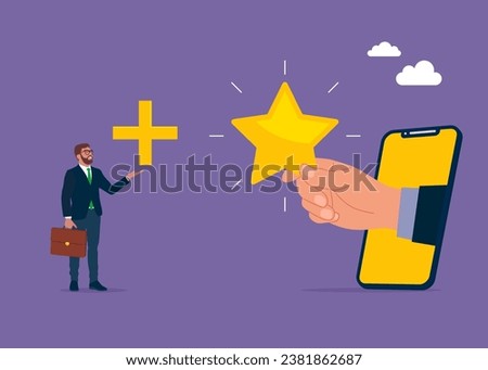 Businessman holding star value and another added plus sign to it. Flat vector illustration