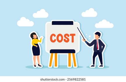 A businessman holding a stick explaining the COST on a whiteboard to a businesswoman, illustration of education on business cost details