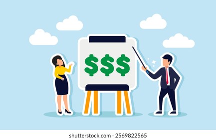 A businessman holding a stick explaining the dollar sign on a whiteboard to a businesswoman, illustration of education on business investment strategies