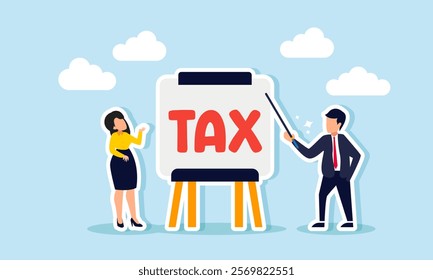 A businessman holding a stick explaining the TAX on a whiteboard to a businesswoman, illustration of education on business tax calculations