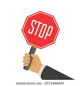 Businessman holding a stop sign in hand. Saying no, stop, or disagreement concept.