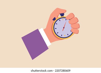 Businessman holding a stopwatch. Stopwatch in hand. Timer concept. Vector illustration.