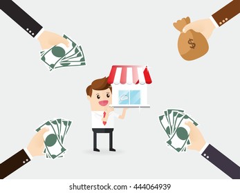 businessman holding store or business franchise with offer hand of customers holding cash