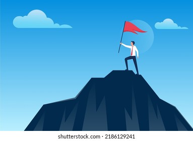 Businessman holding up success flag on top of mountain. Business, Success, Leadership, Achievement, People successful career concept vector illustration