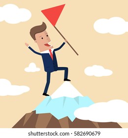 businessman holding a success flag on mountain. Businessman reaching his goal, top of the mountain, success vector concept. Vector Illustration
