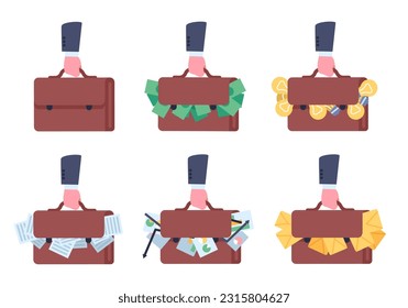Businessman holding suitcase with money or documents. Bag full of idea lightbulbs or letter envelopes. Paper pages with project charts. Office worker. Vector employees