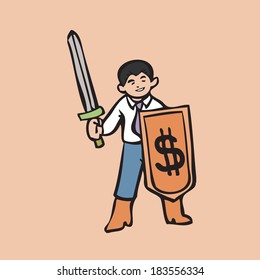 Businessman holding sword and armor