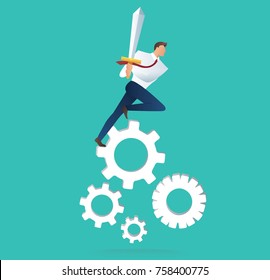 businessman holding sword on gear icon, concept of motivation for achievement vector illustration