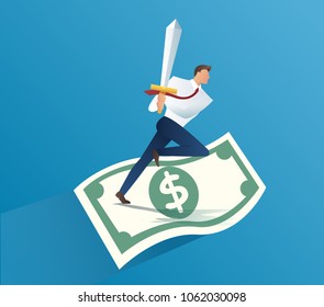businessman holding sword on money bills. business concept vector illustration