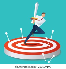 businessman holding sword on target archery vector illustration