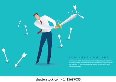 businessman holding sword to protecting arrow down vector illustration