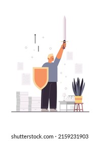 businessman holding sword and shield businessman office worker protection preparation precaution concept