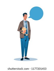 businessman holding tablet chat bubble communication concept business man male cartoon character flat full length isolated vertical vector illustration