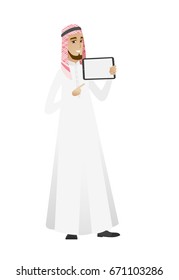 Businessman holding tablet computer. Full length of businessman pointing at tablet computer. Businessman with tablet computer. Vector flat design illustration isolated on white background.