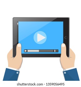 Businessman holding tablet computer with video player on the screen in the human hands, vector illustration