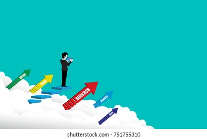 Businessman holding tablet computer working, Man standing on staircase with colorful arrow success. Concept business vector