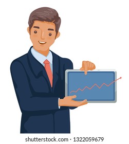 Businessman holding a tablet. Hand pointing up the graph. Smile in success. Professional work. Vector illustration isolated on a white background.