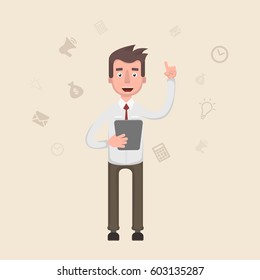 The businessman is holding a tablet in his hands and lifting his finger up. Vector illustration in a flat style.