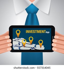 Businessman holding tablet with investment map app, vector illustration