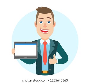 Businessman holding tablet PC and showing thumb up. Portrait of Cartoon Businessman Character. Vector illustration in a flat style.