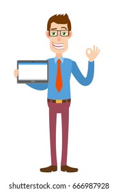 Businessman holding tablet PC and showing a okay hand sign. Full length portrait of Cartoon Businessman Character. Vector illustration in a flat style.