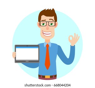 Businessman holding tablet PC and showing a okay hand sign. Portrait of Cartoon Businessman Character. Vector illustration in a flat style.