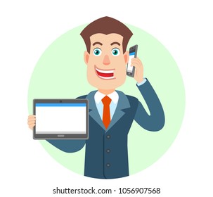 Businessman holding tablet PC and talking on mobile phone. Portrait of Cartoon Businessman Character. Vector illustration in a flat style.