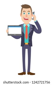 Businessman holding tablet PC and talking on mobile phone. Full length portrait of Cartoon Businessman Character. Vector illustration in a flat style.